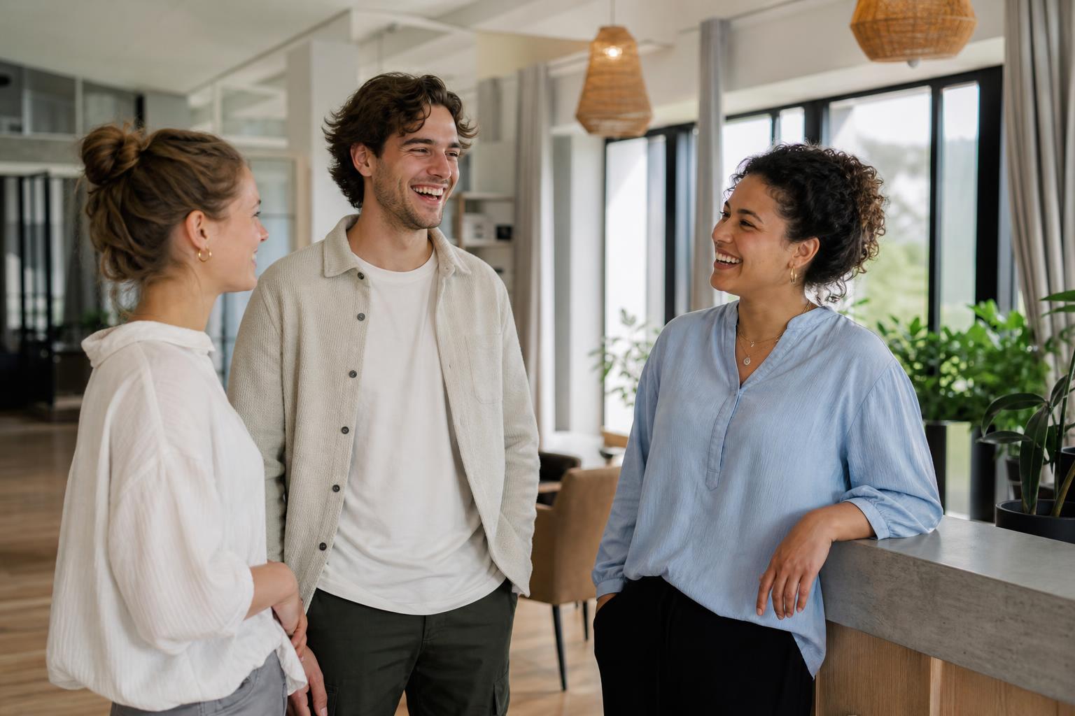 Drie jonge zorgprofessionals delen een spontaan lachmoment in een lichte, moderne zorgomgeving