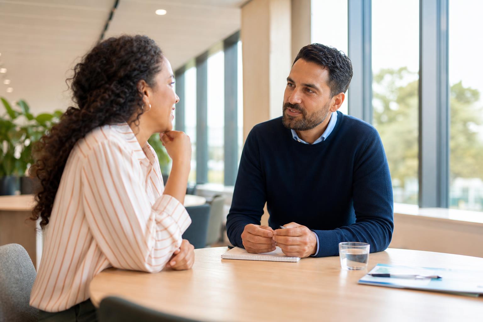 Zorgmanager en zorgprofessional in gesprek aan een tafel in een lichte, moderne zorgomgeving