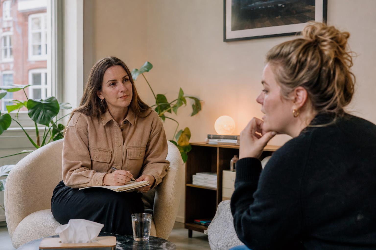 Gesprek tussen een GGZ-professional en cliënt in een rustige therapieruimte